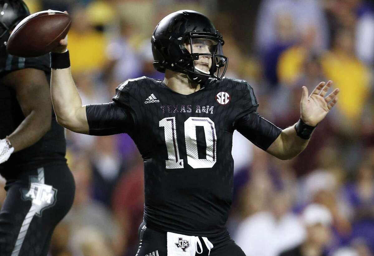 FILE - This Nov. 28, 2015 file photo shows Texas A&M quarterback Kyle Allen (10) throwing the ball during the second half of an NCAA college football game against LSU in Baton Rouge, La. Allen was a five-star recruit who spent two seasons at Texas A&M before he bailed on Aggie-land drama. He sat out last season at Houston and now gets his chance to deliver on that pedigree and help the Cougars transition from Tom Herman to Major Applewhite as coach. (AP Photo/Jonathan Bachman, file)