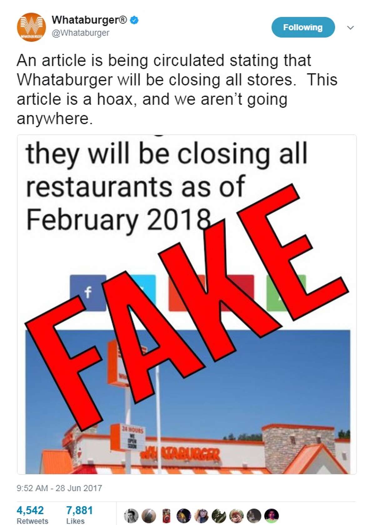 Whataburger responded on their social media accounts to debunk the "article."