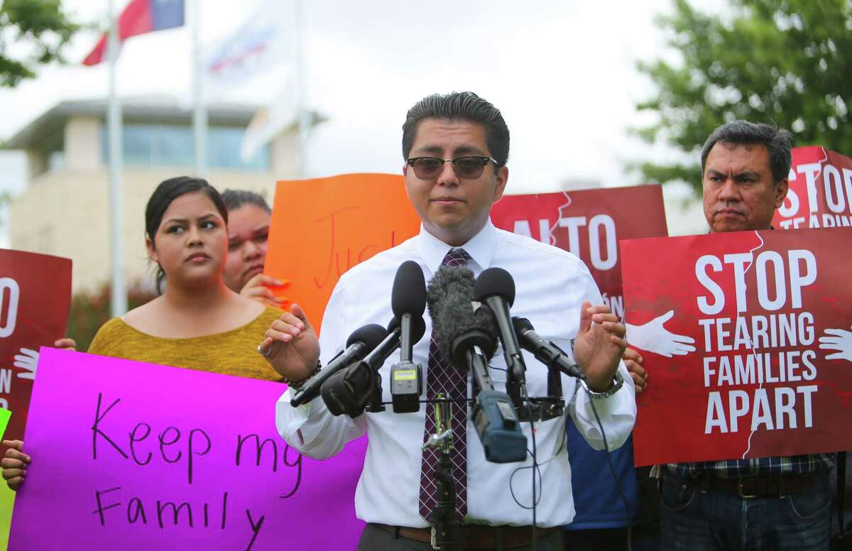 Cesar Espinosa talks about the case of Lucia Montes, who was detained by Deer Park police during a traffic stop, stand outside of the Deer Park Police Department during a press conference, Wednesday, June 28, 2017. Garcia was driving with her mother, Lucia Montes, when Montes was stopped for not having a front license plate on her car. Montes was transferred into ICE custody.