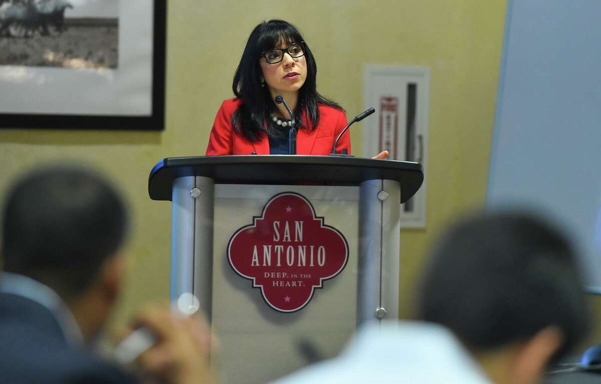 Maria Villagomez, Deputy City Manager, makes a presentation during a City Council session in June 2018. Villagomez told council members Wednesday that the city can continue to operate a program to buy land to secure the city’s primary source of clean water out of funds the city receives from the city-owned San Antonio Water System.