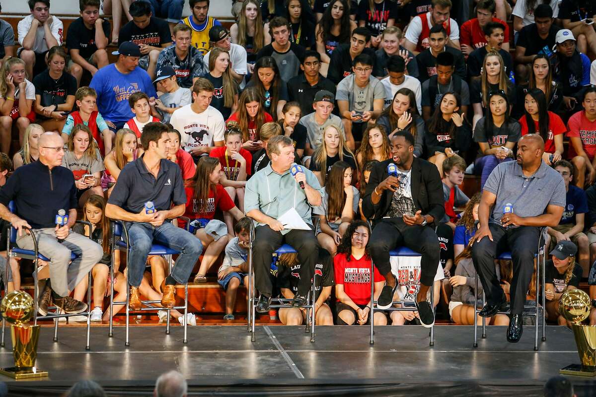 Bob Myers, general manger of the Golden State Warriors, and Draymond Green speak with Tim Roye, sports announcer, and their high school coaches during a news conference in the gym of Monte Vista High School, Myer's alma mater, in Danville on Wednesday, June 28, 2017. Monday Draymond Green was announced Defensive Player of the Year and Bob Myers was announced the Executive of the Year by the NBA.