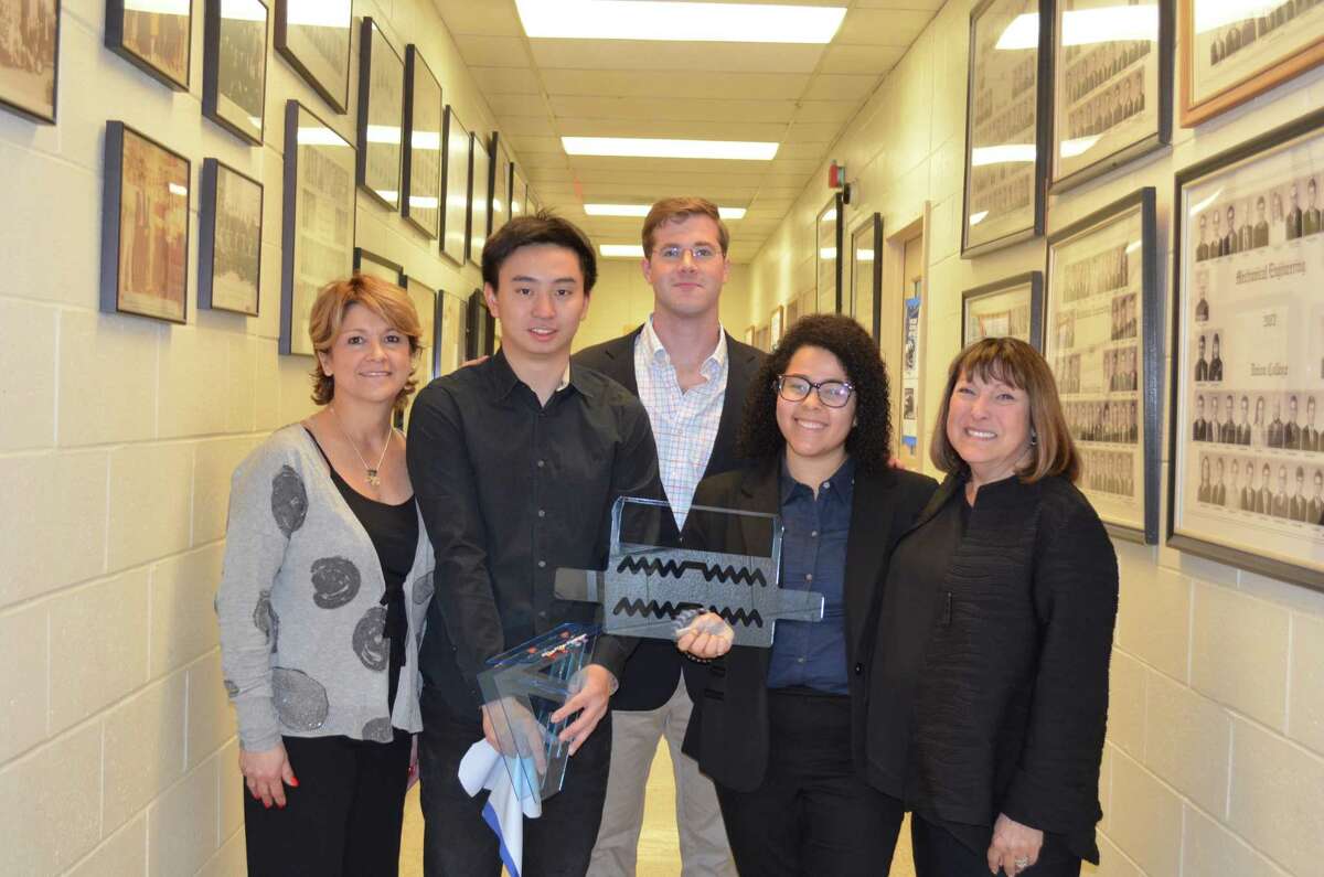 From left: Pine Ridge Industries' Business Development Leader Valerie Andreoli poses with Union College students Lingzhi "Owen" Zhang, James Hawkins and Raquel Paramo, and Sandra Beck, CEO of Tidy Tots. (Photo courtesty of Caroline Boardman, Buzz Media Solutions)