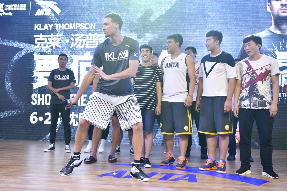 NBA player Klay Thompson of the Golden State Warriors meets fans at Happy Family Mall on June 26, 2017 in Shenyang, China. 