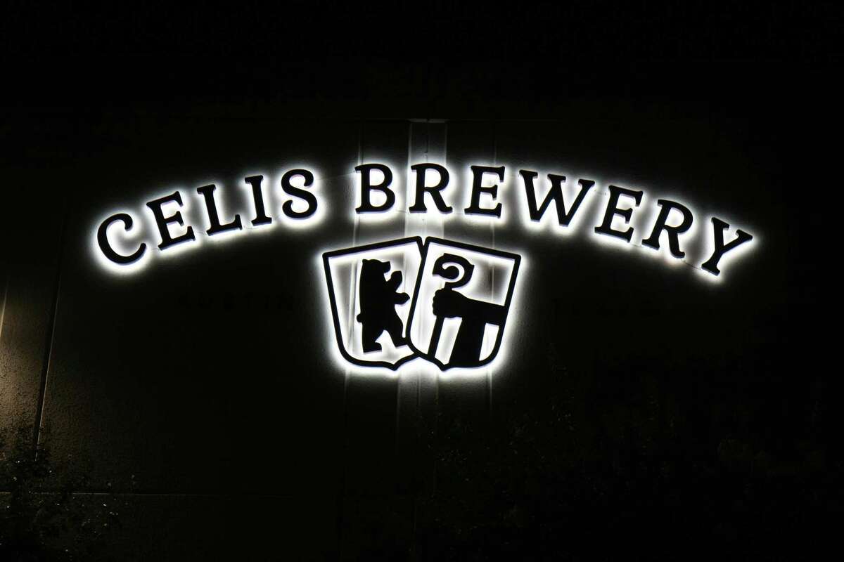 The Celis Brewery logo glows on the side of their building, located at 10001 Metric Drive in Austin.
