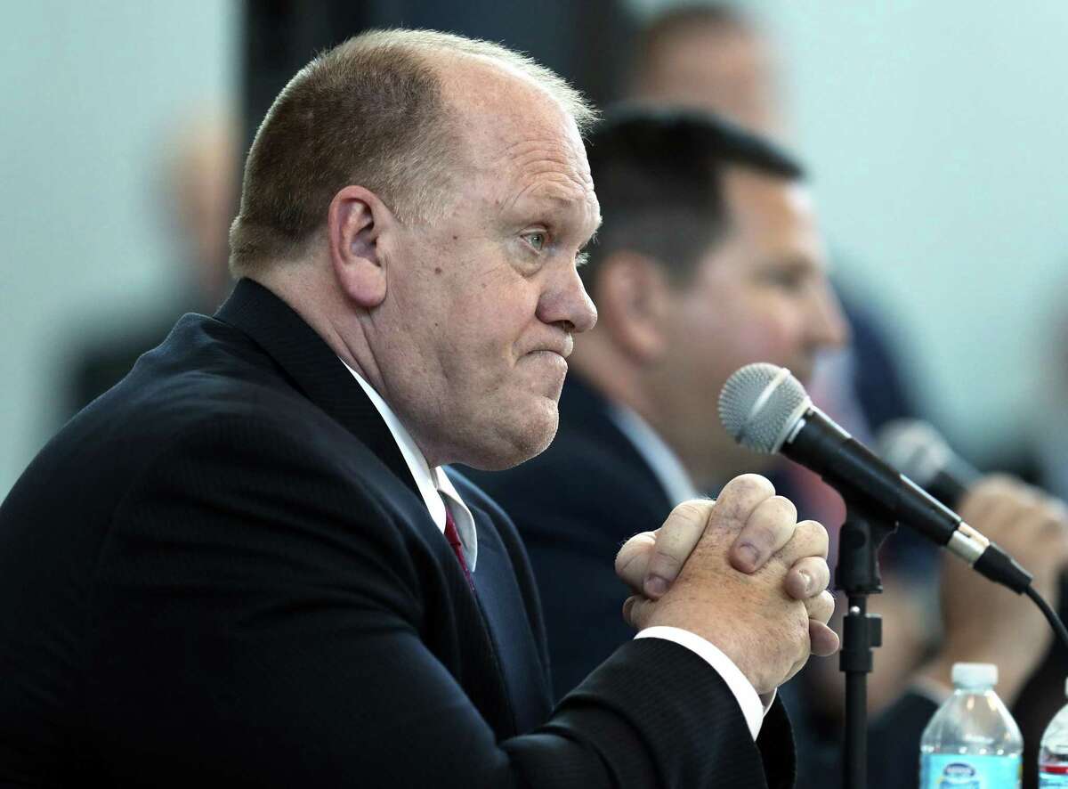 Acting ICE Director Thomas Homan waits for an outburst by an audience member to end while speaking at a public forum in Sacramento, Calif., on March 28. The plain-speaking director recently got in hot water for saying the truth — if you’re in the country illegaly, you should fear deportation.