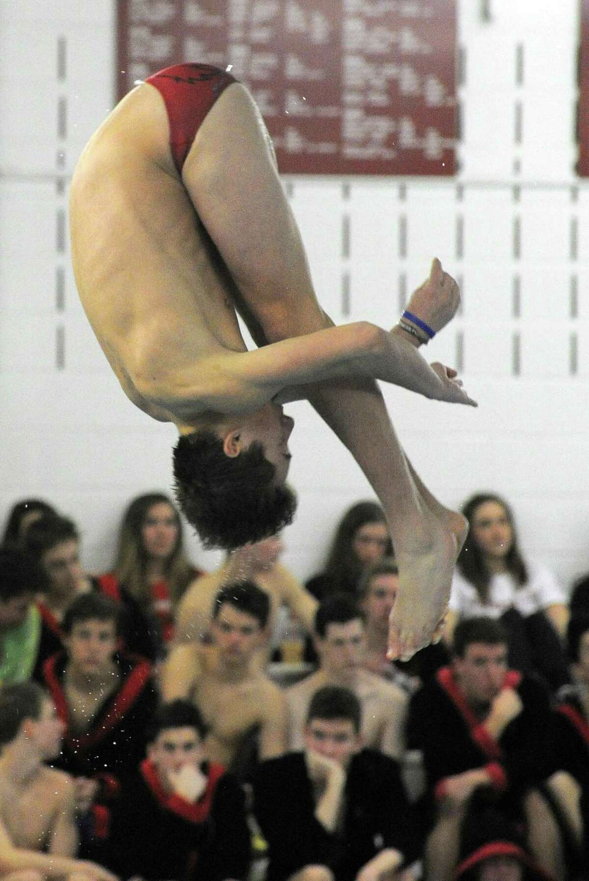 Greenwich Justin Sodokoff compete in the Diving Event in a non conference boys swim meet against Fairfield Prep at Greenwich High School on Jan. 28, 2017. Fairfield Prep defeated Greenwich 98-88.