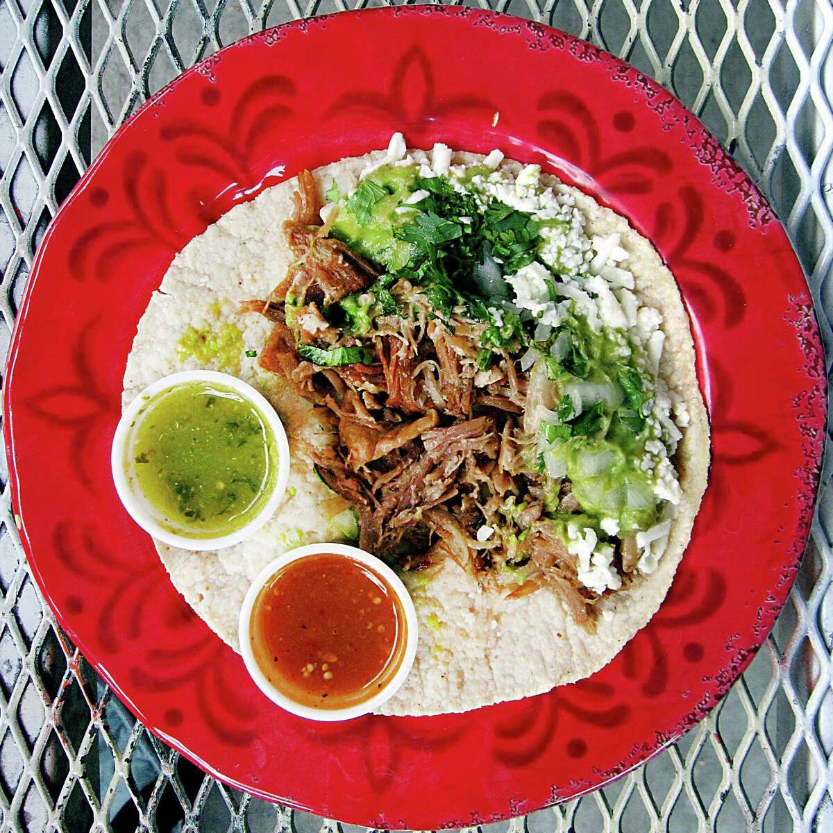 Taco of the Week: Carnitas taco with guacamole and queso blanco on a handmade corn tortilla from Los Valles.