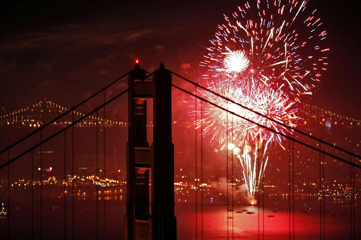 San Francisco's Fourth of July fireworks show is visible through the Golden Gate Bridge in San Francisco, Calif., on Thursday, July 4, 2013.