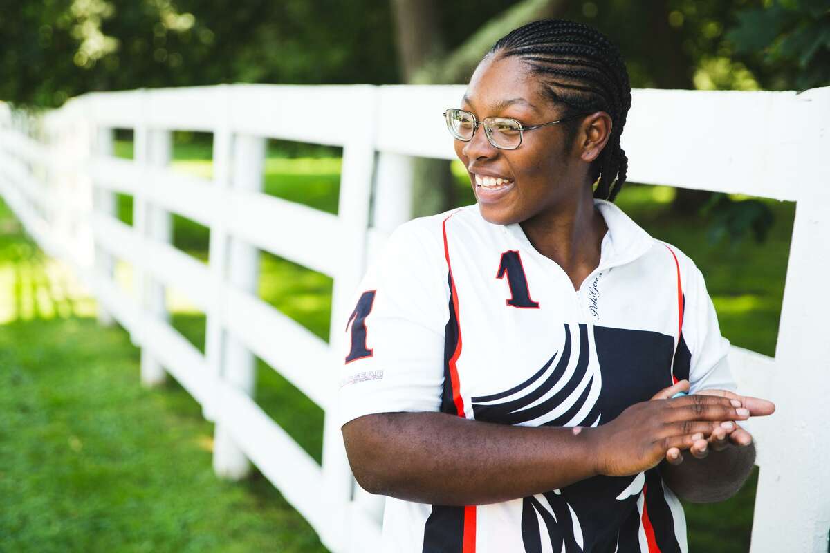 Shariah Harris has a laugh while speaking with the media after the 2017 Silver Cup Polo Match at the Greenwich Polo Club in Greenwich, Conn. on Friday, June 30, 2017. 19-year-old Harris, an inner-city teen from South Philadelphia, made history Friday as the first African American female to play high goal polo in the United States.