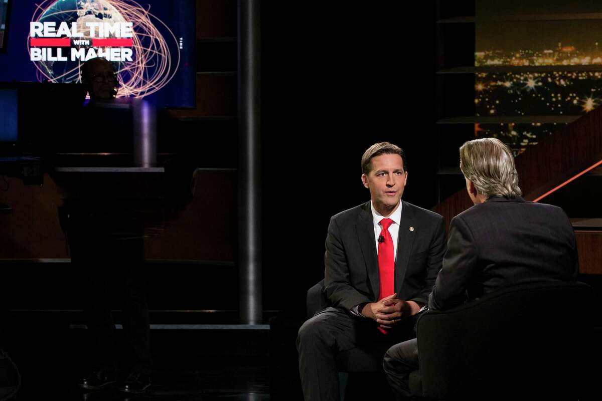RETRANSMISSION TO CORRECT BILL MAHER IS ON RIGHT - In this photo provided by HBO, Bill Maher, right, speaks with Sen. Ben Sasse, R-Neb, during a segment of his "Real Time with Bill Maher," Friday, June 2, 2017. Maher is facing criticism for his use of a racial slur during a discussion with the Republican senator on his HBO talk show Friday night. (Janet Van Ham/HBO via AP)