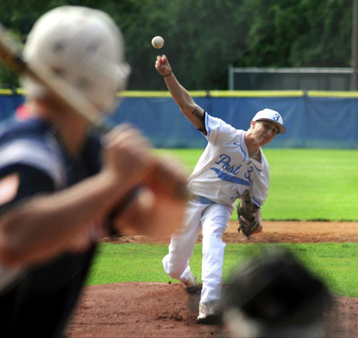 Stamford Post 3 pitcher Aaron D'Annolfo delivers a throw against Greenwich Cannons in the first inning of a Senior American Legion Baseball game at Cubeta Stadium on Saturday, July 1, 2017 in Stamford, Connecticut. Greenwich won 9-7.