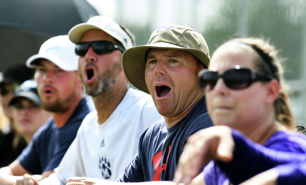 Montgomery Defensive Coordinator Scott Herman, center, and MHS Head Football Coach John Bolfing, second from left, react to a no-call during the Bear's game against Richmond Foster in their Division I Championship Bracket matchup at the Adidas State 7on7 Championships held at Veteran's Park in College Station on Saturday, July 1, 2017. (Photo by Jerry Baker/Freelance)