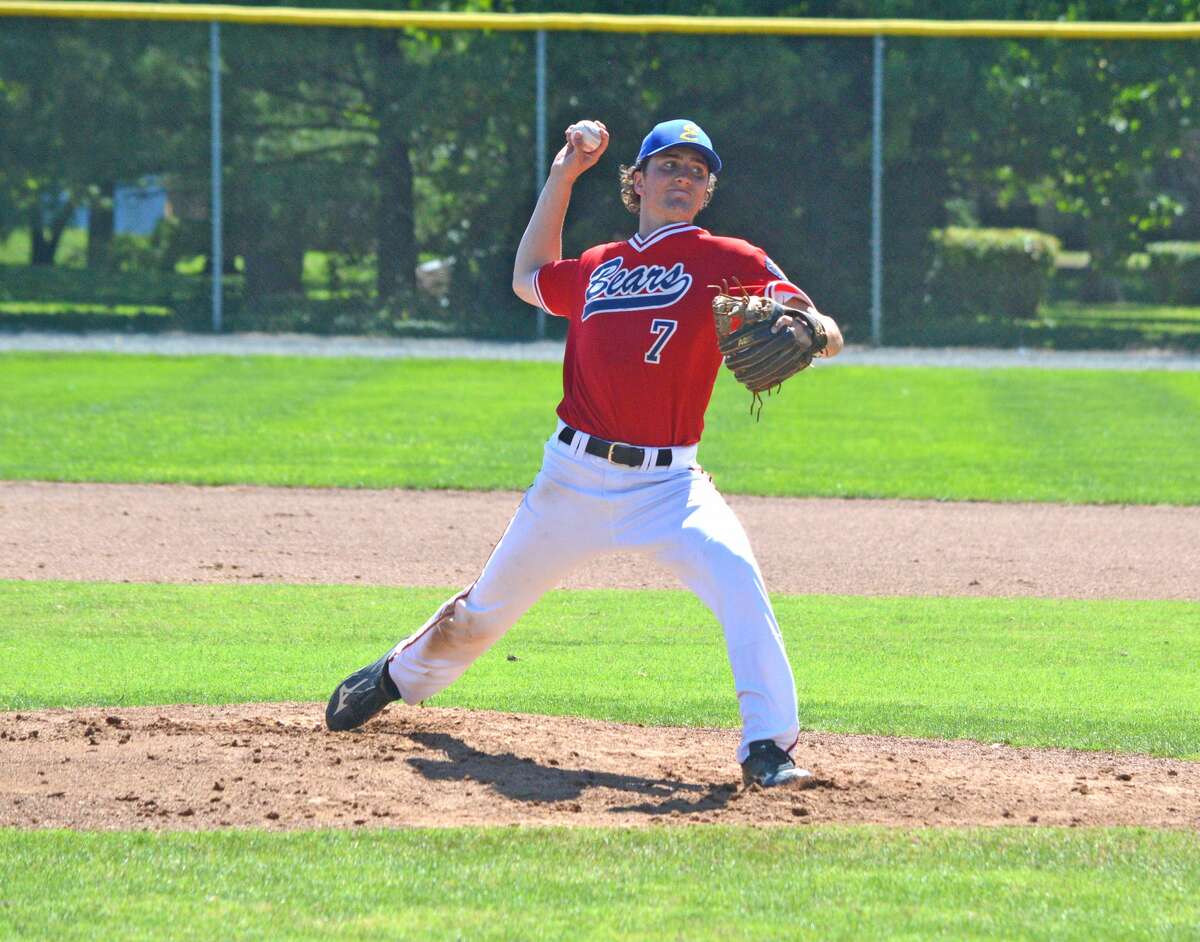 Kade Burns of the Edwardsville Bears delivers a pitch during the third inning of Sunday’s game against Ballwin (Mo.) in the Firecracker Tournament at Longacre Park in Fairview Heights.