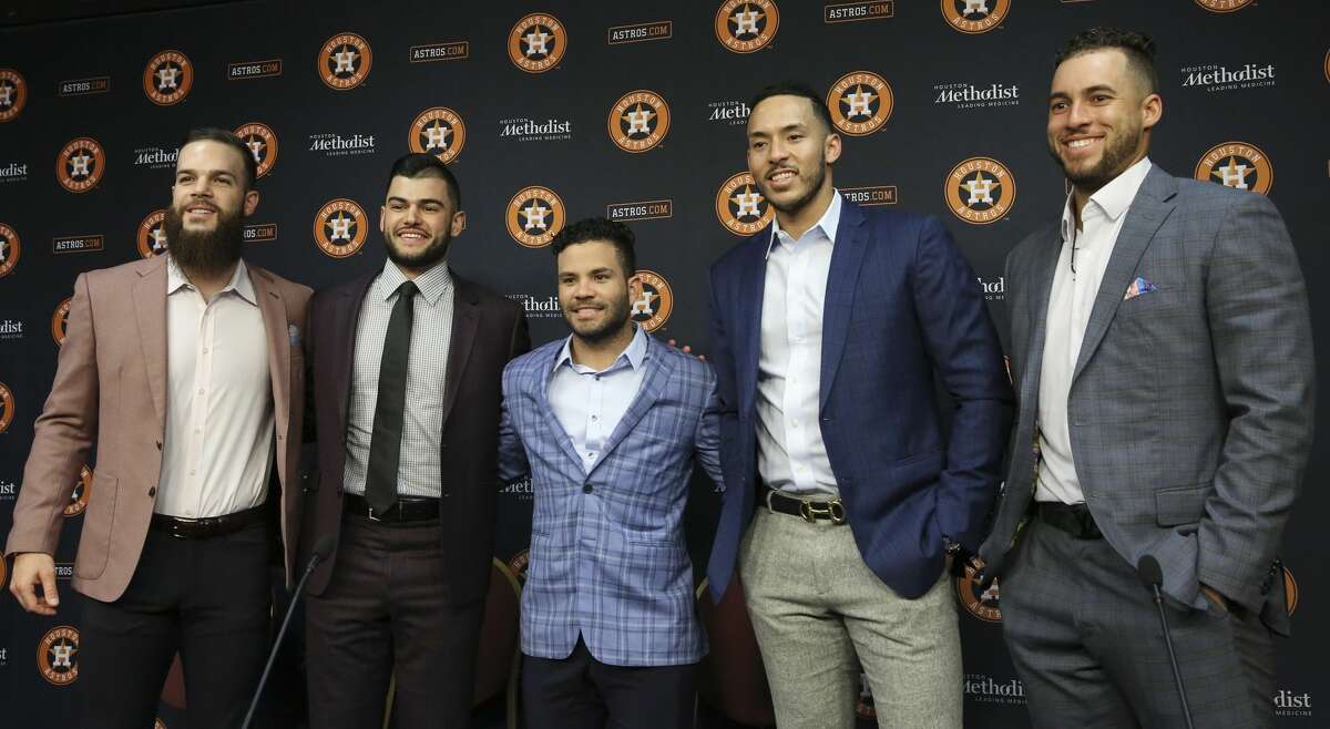 Houston Astros annonces that they have five 2017 All-Star players during a press conference at Minute Maid Park Sunday, July 2, 2017, in Houston. From left: starting pitcher Dallas Keuchel, starting pitcher Lance McCullers, second baseman Jose Altuve, shortstop Carlos Correa and center fielder George Springer. ( Yi-Chin Lee / Houston Chronicle )