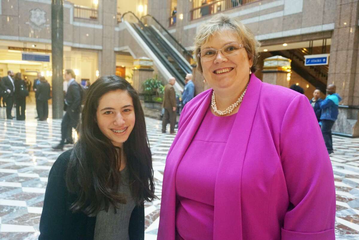 Greenwich High School freshman Julia Blank (L) posed with Greenwich ALP Faciltator Bonnie O'Regan at the Legislative Office Building in Hartford on March 1, 2017. Both testified in before the legislator's Education Committee about House Bill No. 911, An Act Concerning Services for Gifted and Talented Students.