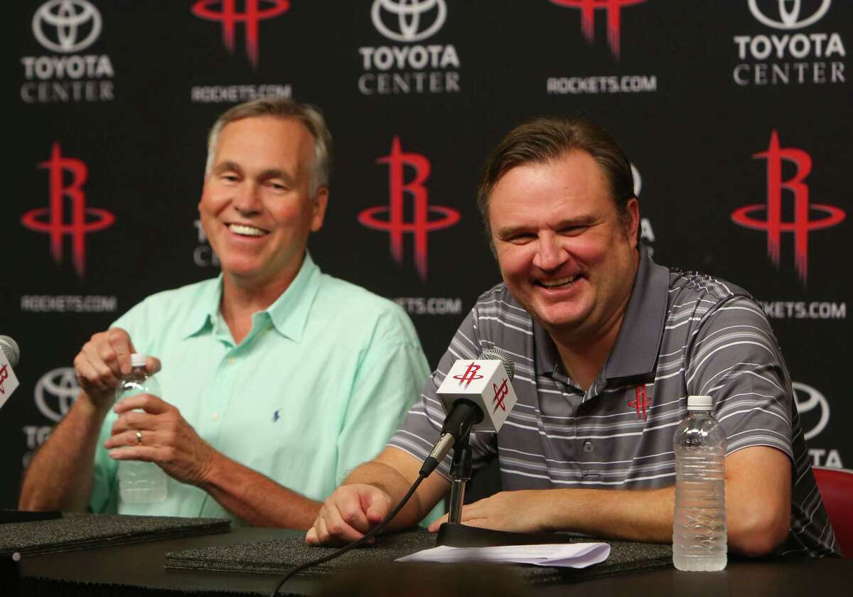 Rockets head coach Mike D'Antoni and general manager Daryl Morey joke as they talk about the series of trades made to bring Chris Paul to the Rockets from the Clippers during a press conference at Toyota Center, Wednesday, June 28, 2017, in Houston. (Mark Mulligan / Houston Chronicle)