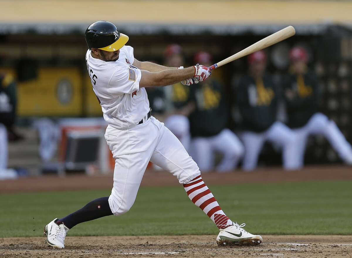 Oakland Athletics' Adam Rosales swings for a two run single off Chicago White Sox pitcher Carlos Rodon in the second inning of a baseball game Monday, July 3, 2017, in Oakland, Calif. (AP Photo/Ben Margot)