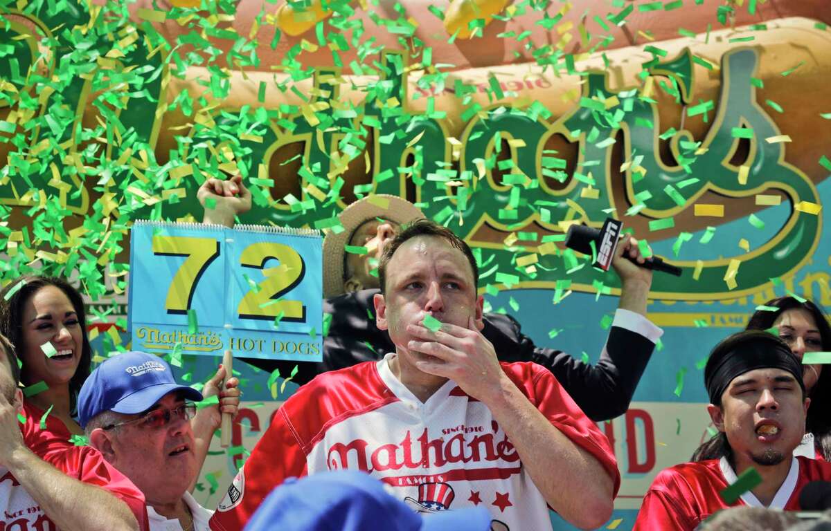 Joey "Jaws" Chestnut claimed his 10th victory at the annual Nathan's Famous July Fourth hot dog eating contest ﻿in the Brooklyn borough of New York on Tuesday﻿. He ﻿gobbled down 72 hot dogs and buns in 10 minutes, topping his own record last year.﻿