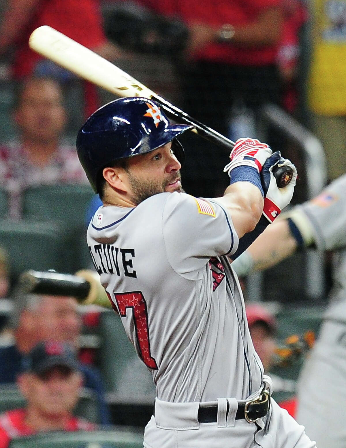 ATLANTA, GA - JULY 4: Jose Altuve #27 of the Houston Astros knocks in two runs with a fifth-inning double against the Atlanta Braves at SunTrust Park on July 4, 2017 in Atlanta, Georgia. (Photo by Scott Cunningham/Getty Images)