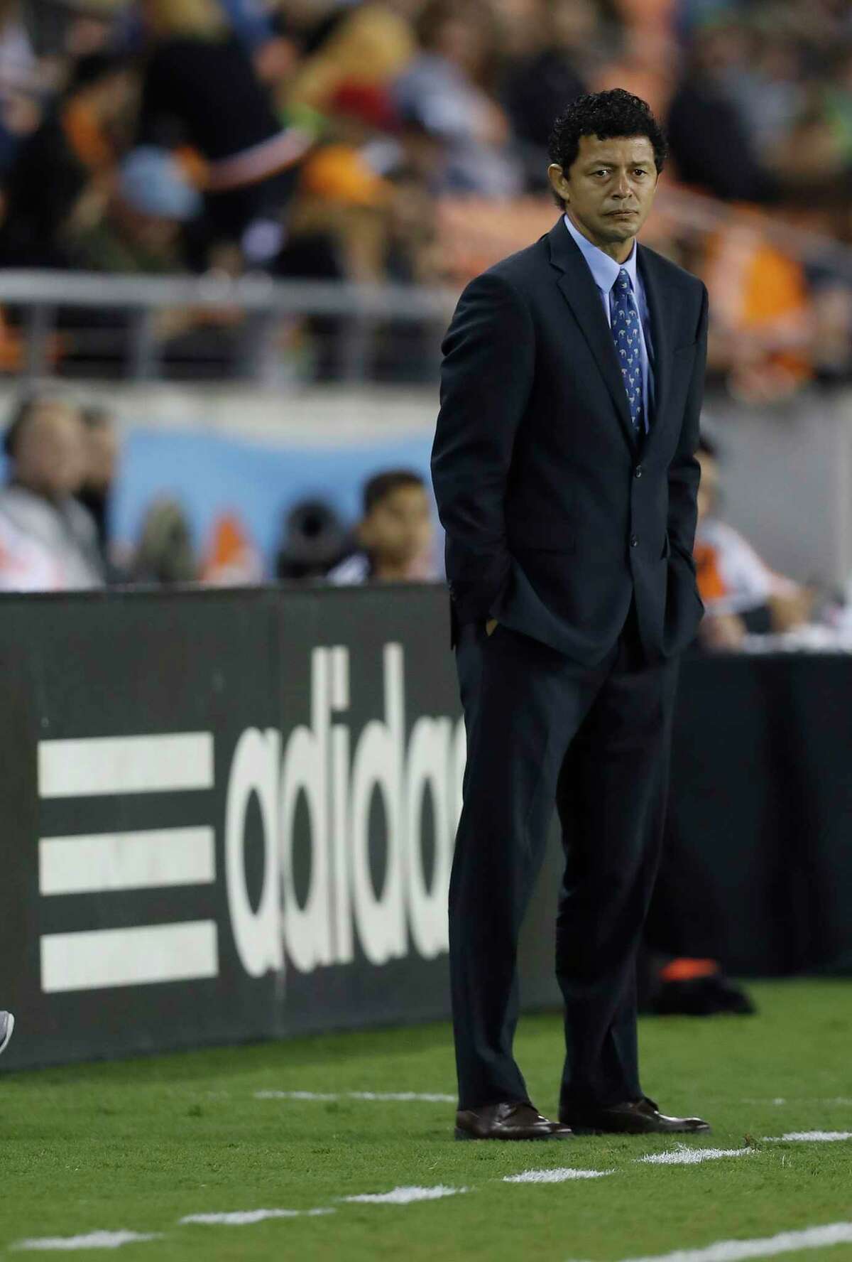 Houston Dynamo head coach Wilmer Cabrera on the sidelines during the first half of the season opening MLS soccer game at BBVA Compass stadium, Saturday, March 4, 2017, in Houston. ( Karen Warren / Houston Chronicle )