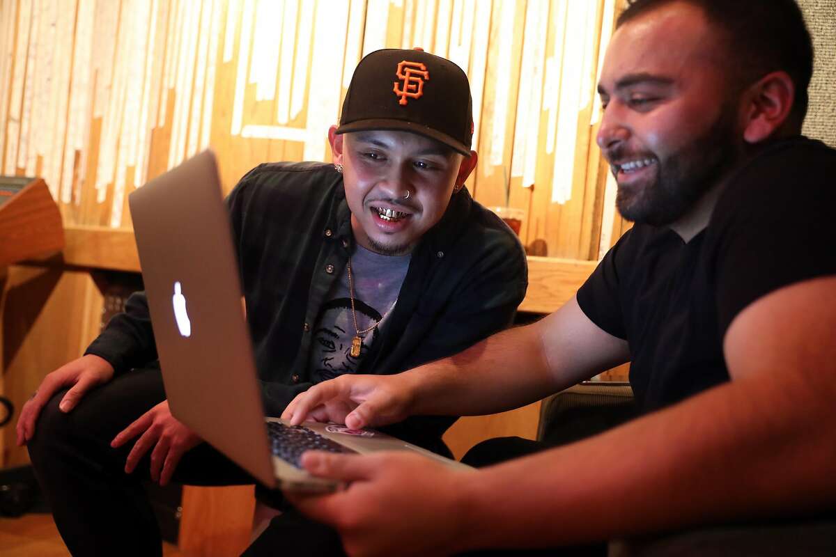 Bay Area rapper P-Lo works with producer Cal-A at Different Fur Studios in San Francisco, Calif., on Monday, July 3, 2017.