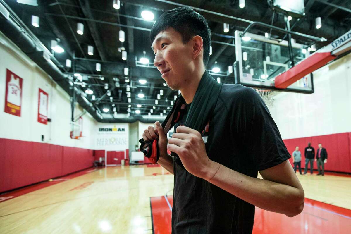 Houston Rockets center Zhou Qi walks off the practice court following practice at the Rockets mini-camp in preparation for the NBA Summer League 2017 at Toyota Center on Wednesday, July 5, 2017, in Houston.