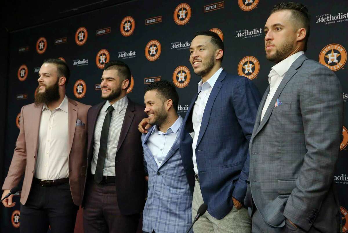 Dallas Keuchel (from left), Lance McCullers Jr., Jose Altuve, Carlos Correa and George Springer will represent the Astros at the MLB All-Star Game.
