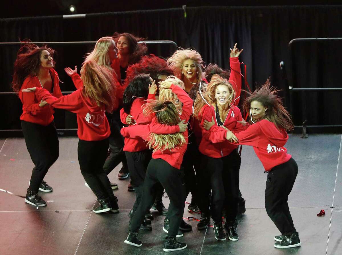 The 2017 RPD team celebrates on the stage as the Houston Rockets held their final tryouts for the Rockets Power Dancers, going from seventeen women to the final thirteen at the Toyota Center, Wednesday, July, 5, 2017.