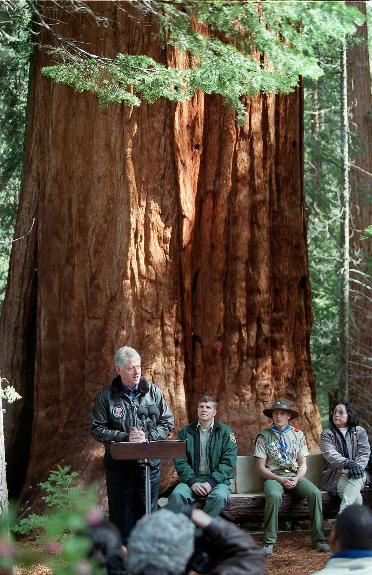 President Clinton addresses a small crowd near the Trail of 100 Giants in Sequoia National Forest, April 15, 2000, before signing a proclamation creating the Giant Sequoia National Monument that will protect groves of ancient sequoias and the forests that surround them. The Supreme Court refused Monday, Oct. 6, 2003, to consider overturning Clinton's orders protecting more than 2 million acres of federal land in five Western States. (AP Photo/Bakersfield Californian, Henry A. Barrios, File)