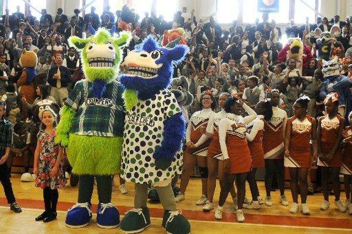 The Hartford Yard Goats Baseball Club introduces their two mascots, Chompers and Chew Chew, at an event at Capital Preparatory Magnet School in Hartford, Conn., Friday, Oct. 30, 2015. The Goats are a Double-A minor league baseball team that will begin play in the Eastern League in 2016 when the New Britain Rock Cats relocate to Hartford.