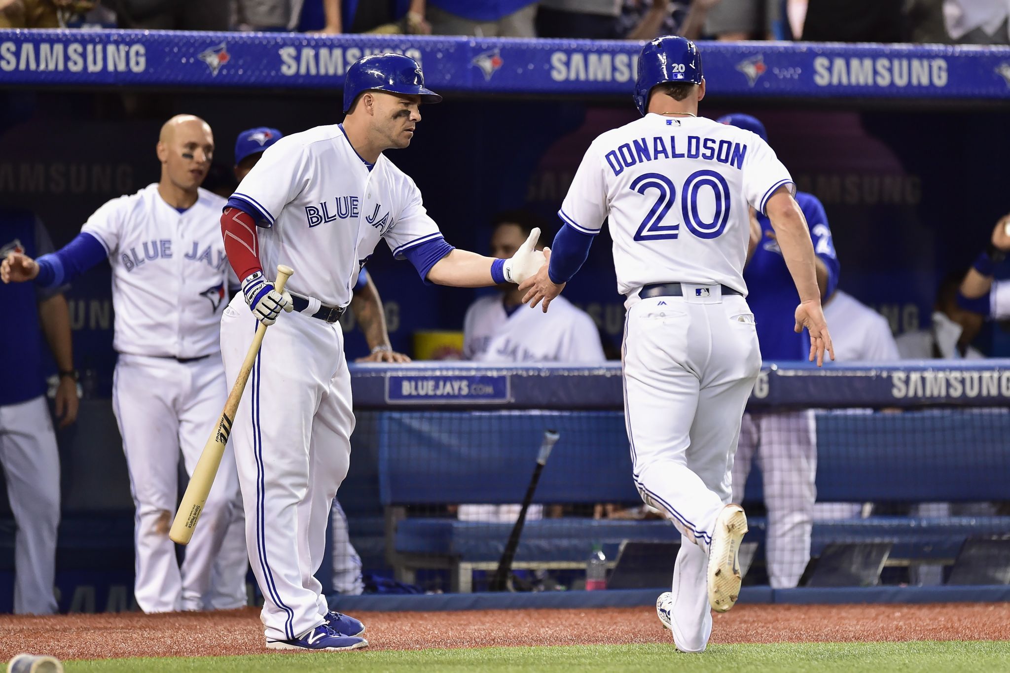 Josh Donaldson #20 of the Toronto Blue Jays reacts as he is