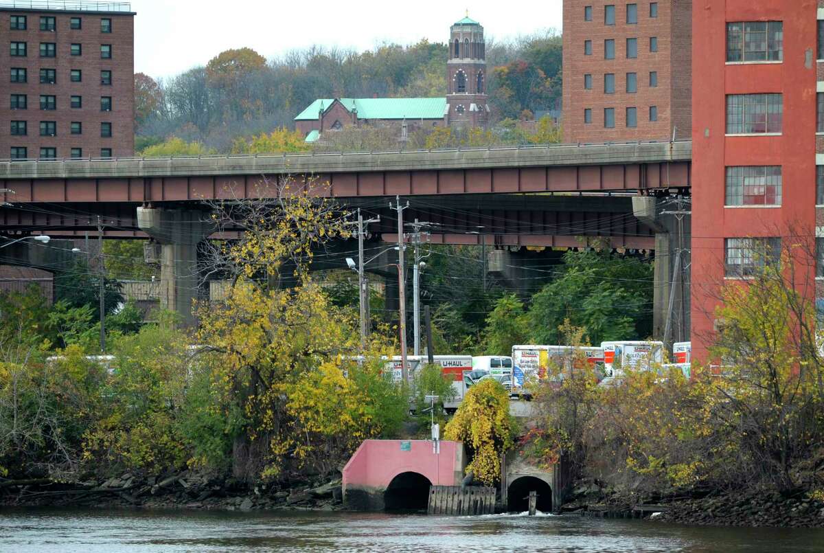 A view of storm drain on the Albany side of the river taken from the Rensselaer side on Wednesday, Oct. 23, 2013. (Paul Buckowski / Times Union)