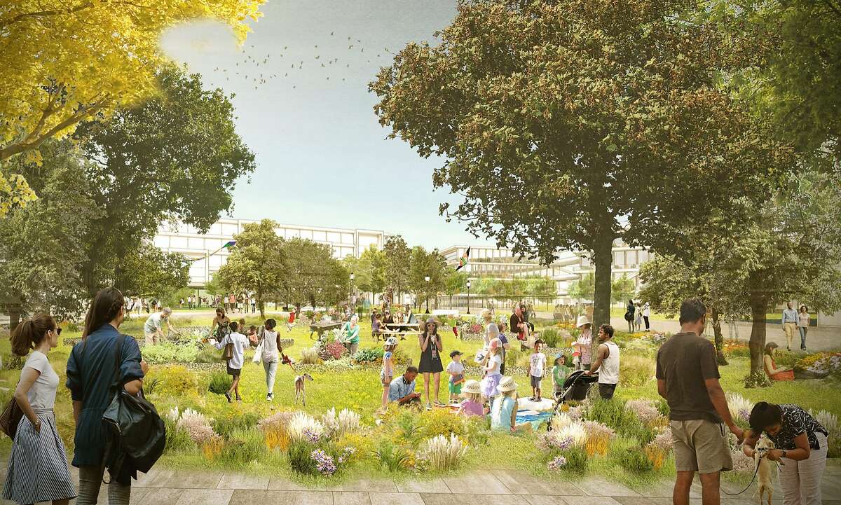 A rendering shows a proposal for Facebook's new Willow Campus, which would include housing and retail.