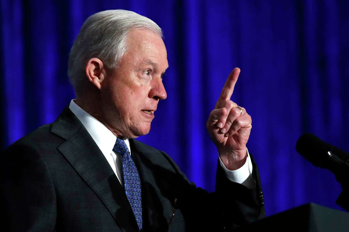 FILE - In this June 21, 2017 file photo, Attorney General Jeff Sessions speaks in Bethesda, Md. Sessions is visiting the Guantanamo Bay detention facility, which he has called a fine place to house new terrorism suspects. (AP Photo/Jacquelyn Martin, File)