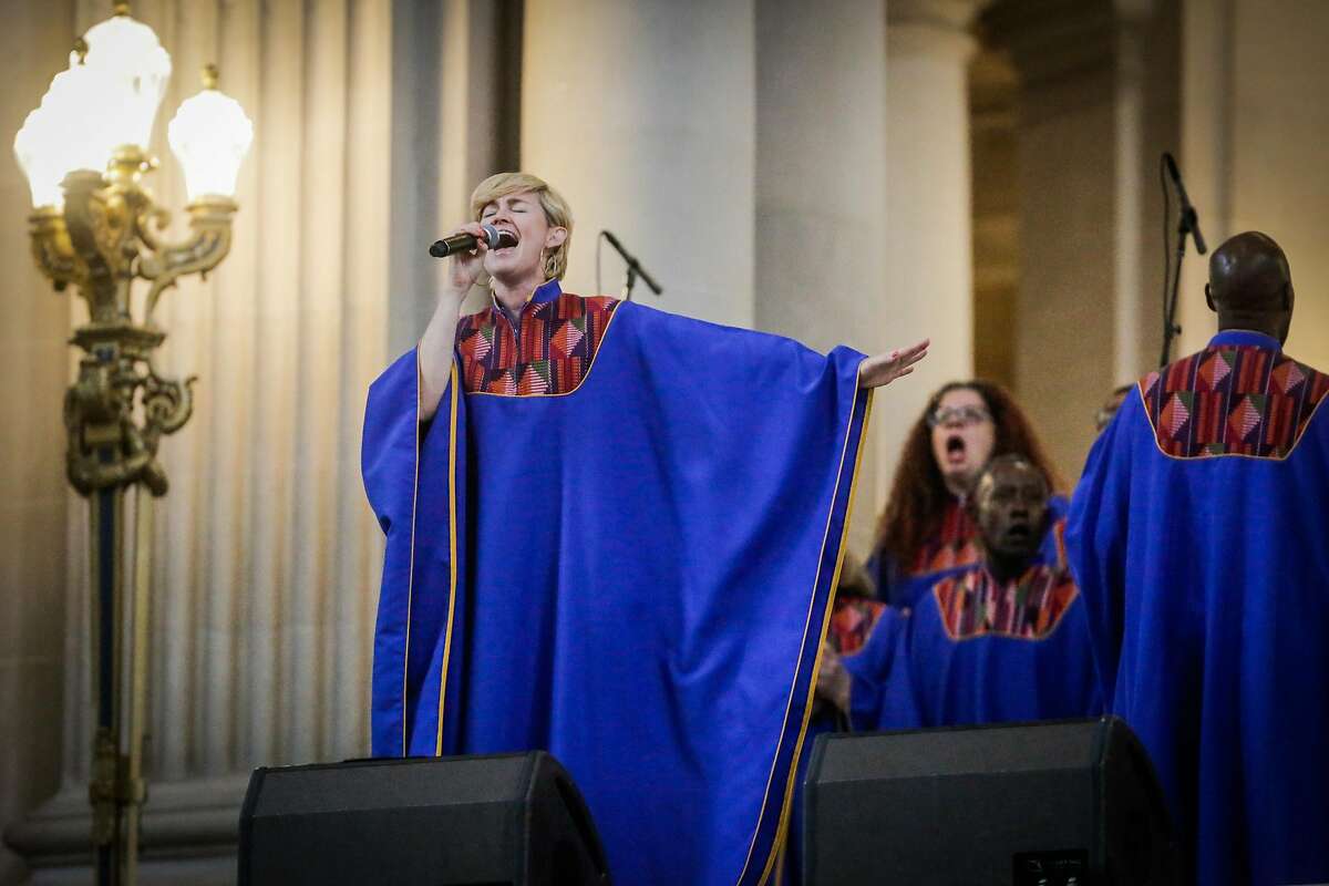 The Glide Church choir performs during a memorial service for three victims who were killed in a shooting at a UPS facility in Potrero Hill last month in San Francisco, California, on Sunday, July 9, 2017.