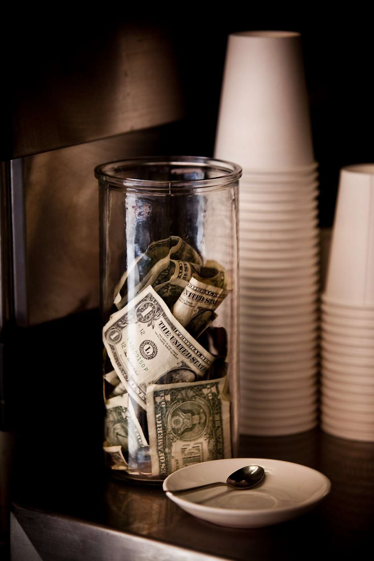 The tip jar at Cento in San Francisco, Calif. is seen on Wednesday, Feb. 24, 2010.