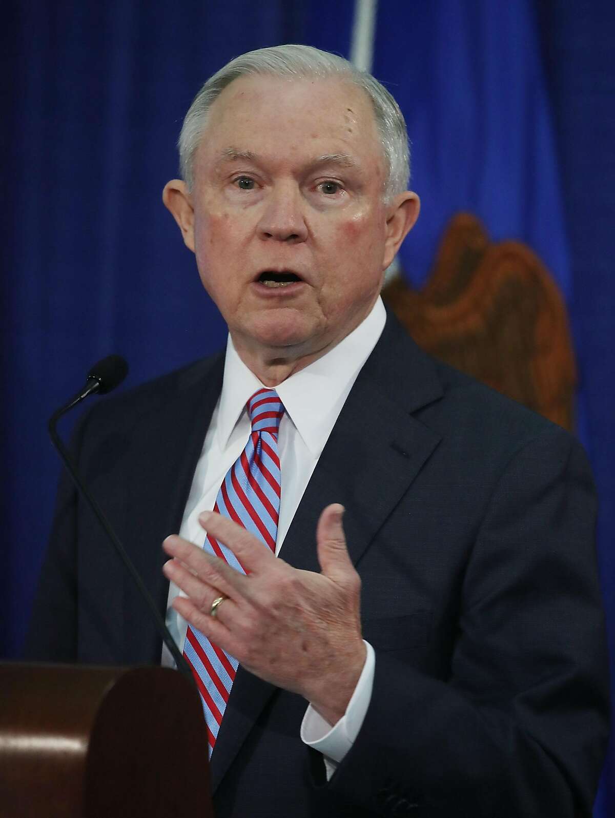WASHINGTON, DC - JUNE 29: Attorney General Jeff Sessions speaks during a Hate Crimes Subcommittee summit on June 29, 2017 in Washington, DC. The meeting gave stakeholders the opportunity to offer imput to the committee before it makes its recommendations to the attorney general on what the Department of Justice can do to improve reporting, investigation and prosecution of hate crimes. (Photo by Mark Wilson/Getty Images)