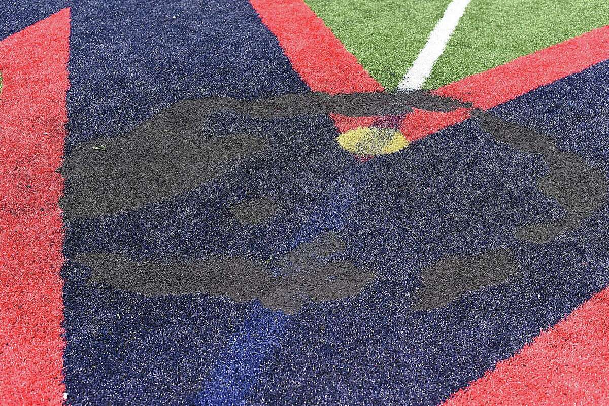 The two-year-old turf field at Brien McMahon's Casagrande Field was damaged over the weekend when somebody tried to dig up the "M" at the 50-yard line.