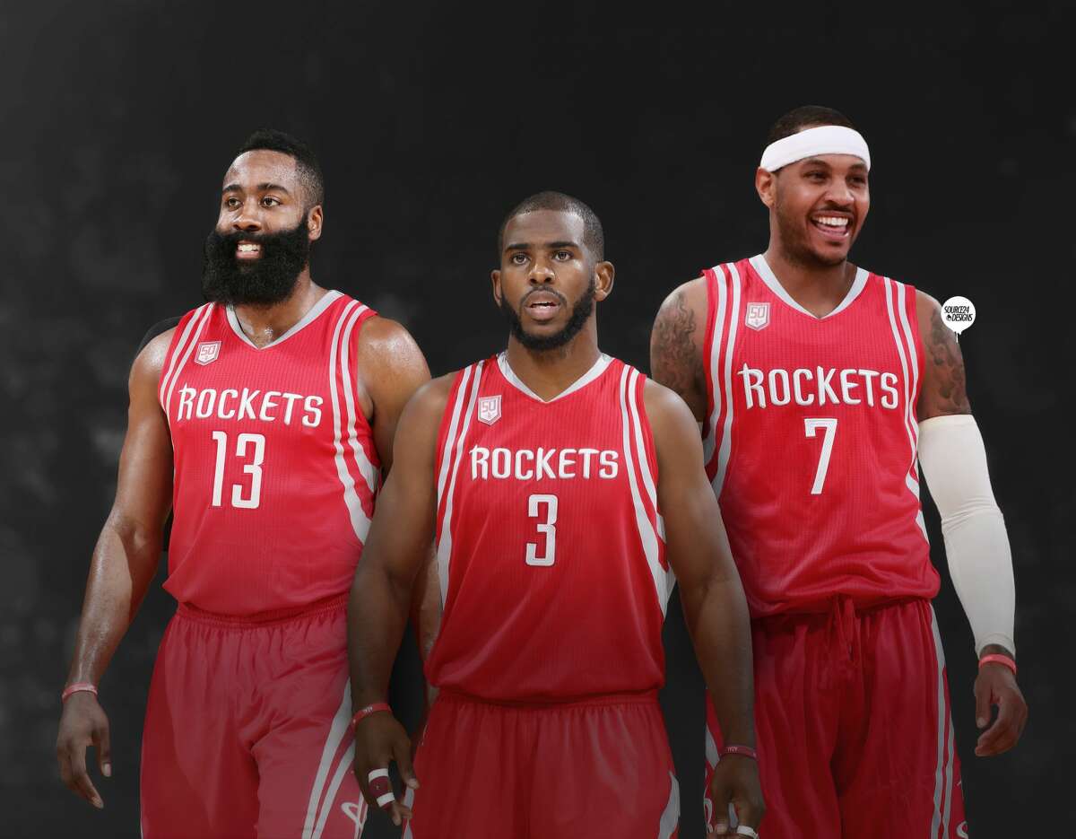 Digital artist Ishaan Mishra created this image showing a potential power Rockets trio involving Carmelo Anthony. Click to see photos from Carmelo Anthony's visit with the Rockets.