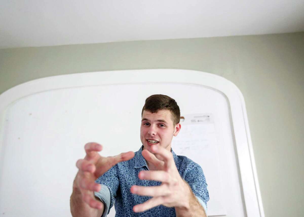 Jackson Neal, who won the Space City Slam youth poetry slam competition, choreographs one of his poems during a practice session for young slam poets, Wednesday, June 28, 2017, in Houston. ( Jon Shapley / Houston Chronicle )