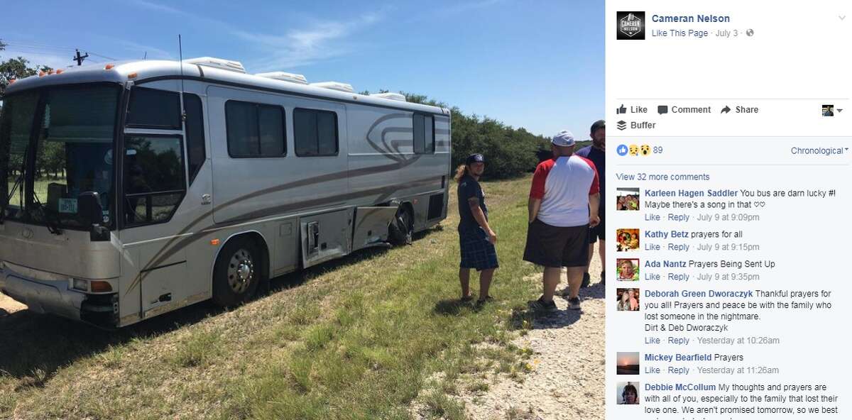 Country singer Cameran Nelson shared a photo on Facebook of the trailer that was destroyed when his tour bus was hit by another vehicle on July 3, 2017. Nelson said he and his band were traveling to Del Rio for a show.  Image source: Facebook