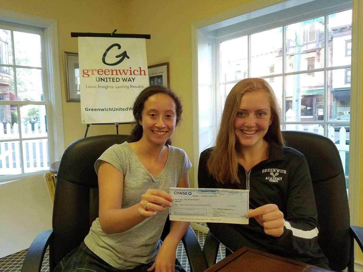 Zoe Morris and Kate Miele hold a $1,000 check for the Undies Project, raised through teens volunteering with Greenwich Junior United Way.