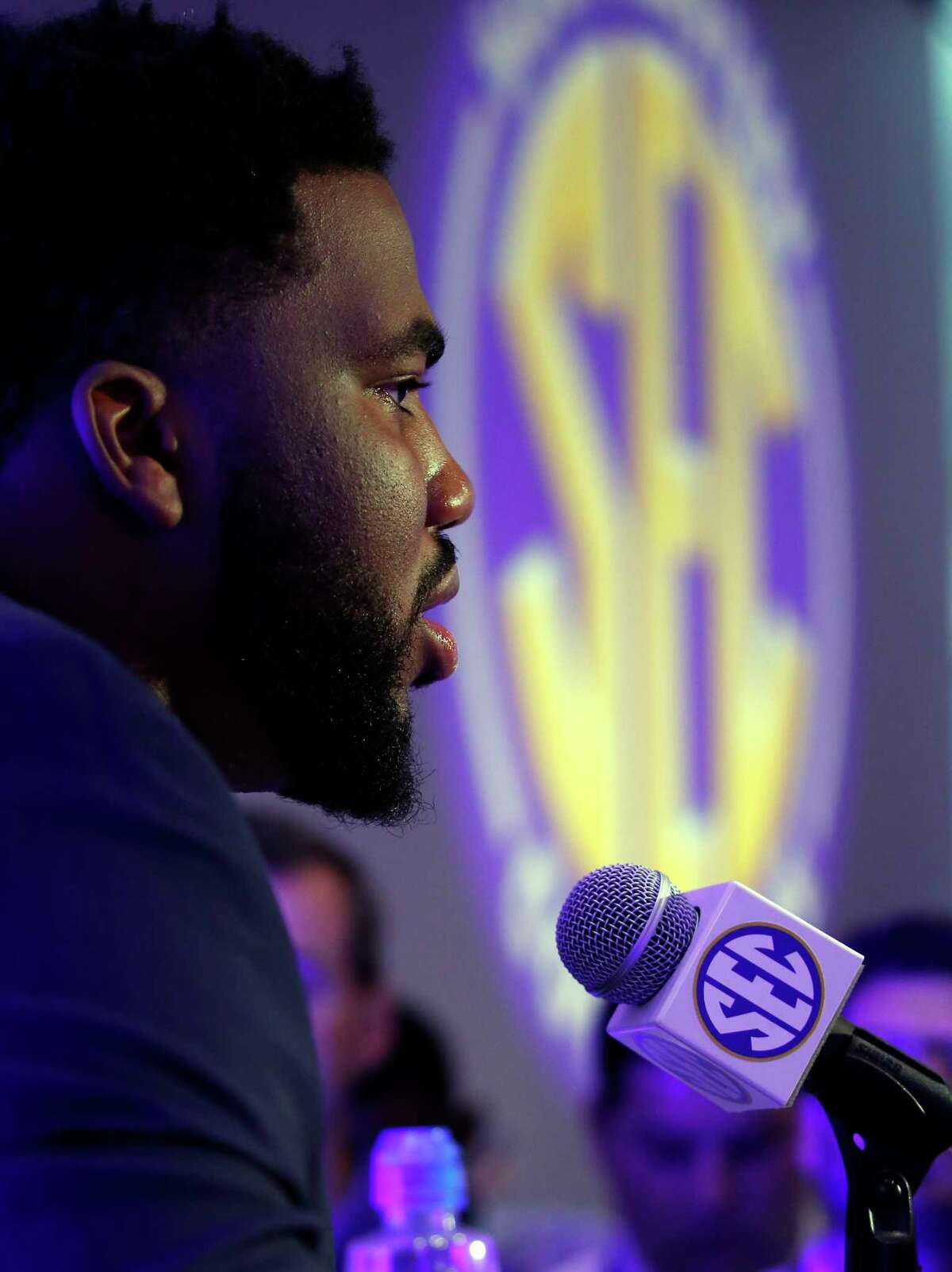 Florida NCAA college player Martez Ivey speaks during the Southeastern Conference's annual media gathering, Tuesday, July 11, 2017, in Hoover, Ala. (AP Photo/Butch Dill)