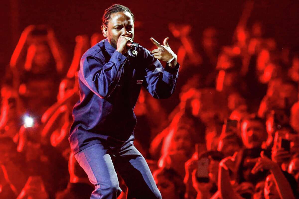 INGLEWOOD, CA - APRIL 29: In this handout photo provided by The Forum, Kendrick Lamar performs his song"Humble"after joining The Weeknd on stage during the "Legends of The Fall Tour" on April 29, 2017 at The Forum in Inglewood, California. (Photo by Rich Fury/The Forum via Getty Images)