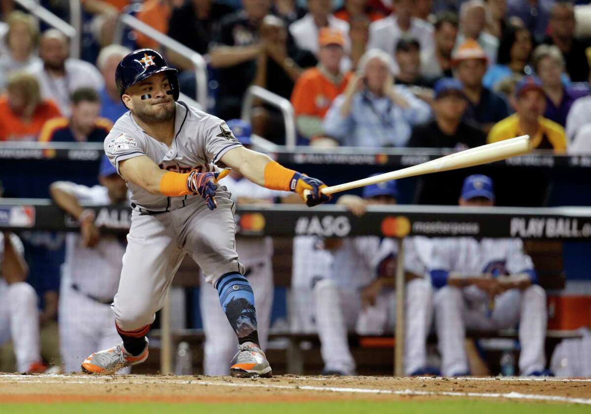 American League's Houston Astros Jose Altuve (27), strikes out during the third inning at the MLB baseball All-Star Game, Tuesday, July 11, 2017, in Miami. (AP Photo/Lynne Sladky)
