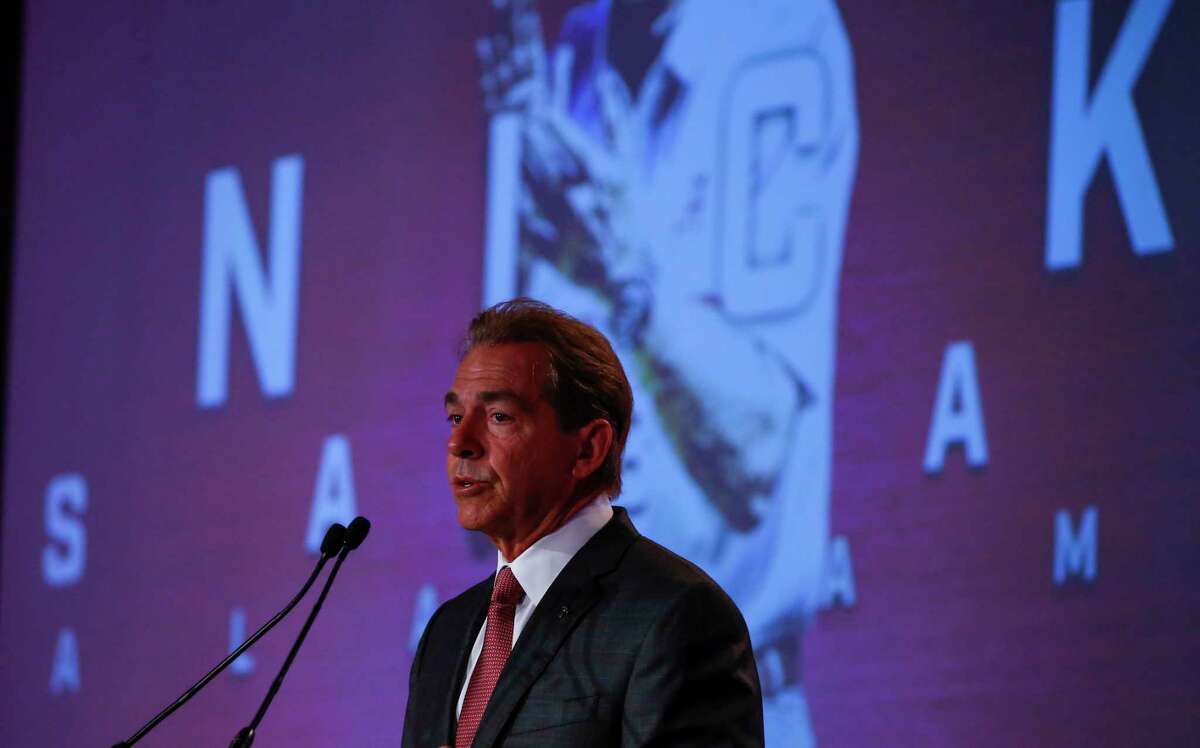 Alabama NCAA college football coach Nick Saban speaks during the Southeastern Conference's annual media gathering, Wednesday, July 12, 2017, in Hoover, Ala. (AP Photo/Butch Dill)