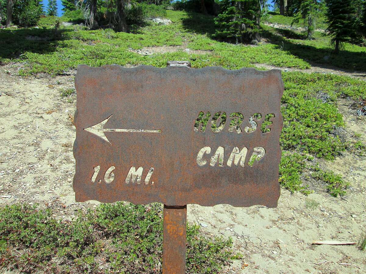 From the trailhead at Bunny Flat, you pass this vintage metal sign on the route up to Horse Camp at tree line