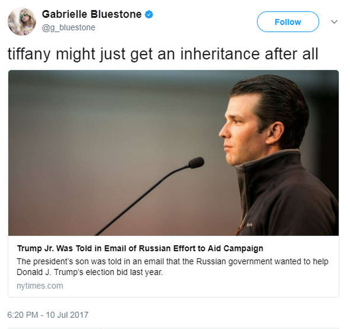 via @g_bluestone on Twitter Some people criticized and some supported Donald Trump Jr. See what people are saying on social media...