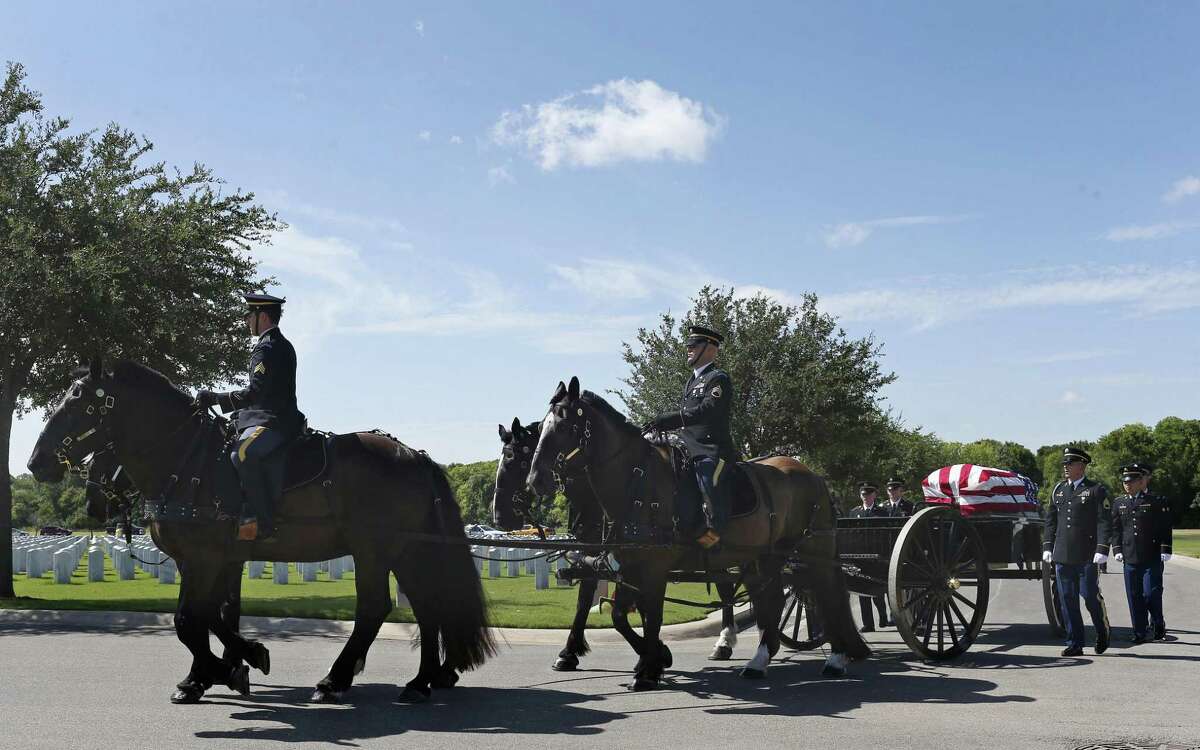 ABOVE: The Fort Sam Houston Caisson Section escorts the casket of U.S. Army Cpl. Frank Luna Sandoval during a burial ceremony at Fort Sam Houston National Cemetery, Tuesday, July 11, 2017. Sandoval was missing action and presumed dead since the Korean War. Sandoval was 20-years-old when he was take as a prisoner of war and died of malnutrition. Sandoval was reported missing in action on Feb. 13, 1951 and declared dead over two and a half years later. He body was returned to U.S. custody in 1954 and he was buried as an unknown soldier in Hawaii for decades.