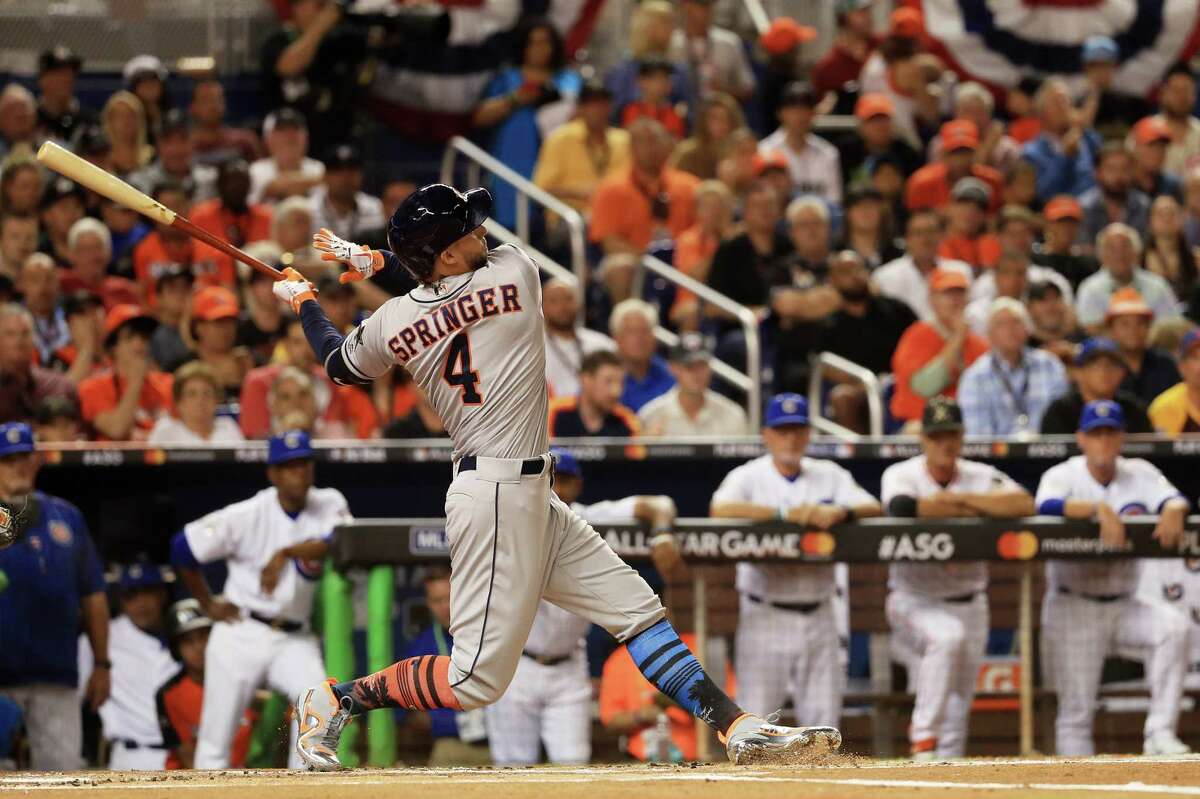 MIAMI, FL - JULY 11: George Springer #4 of the Houston Astros and the American League bats in the first inning against the National League All-Stars during the 88th MLB All-Star Game at Marlins Park on July 11, 2017 in Miami, Florida. (Photo by Mike Ehrmann/Getty Images)